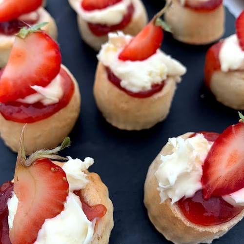 Afternoon tea-style canapes: Mini Scones with Strawberry Jam, Clotted Cream & Fresh Strawberry