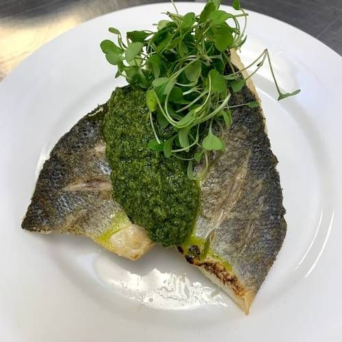 Roasted Sea Bass with Fresh Micro Rocket and Salsa
Verde served with Buttered Crushed New Potatoes