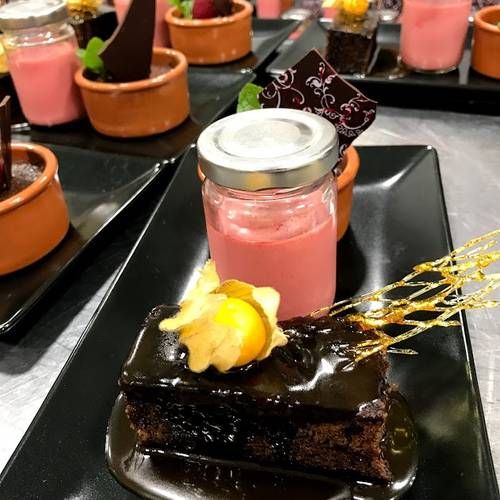 Trio of Desserts: Sticky Toffee Pudding, Raspberry Posset & Chocolate pot.