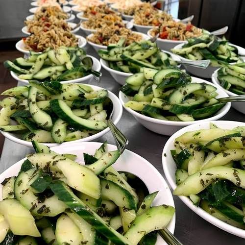 Cucumber & Mint, Meditteranean Pasta & Traditional Coleslaw 
Salads to tables
